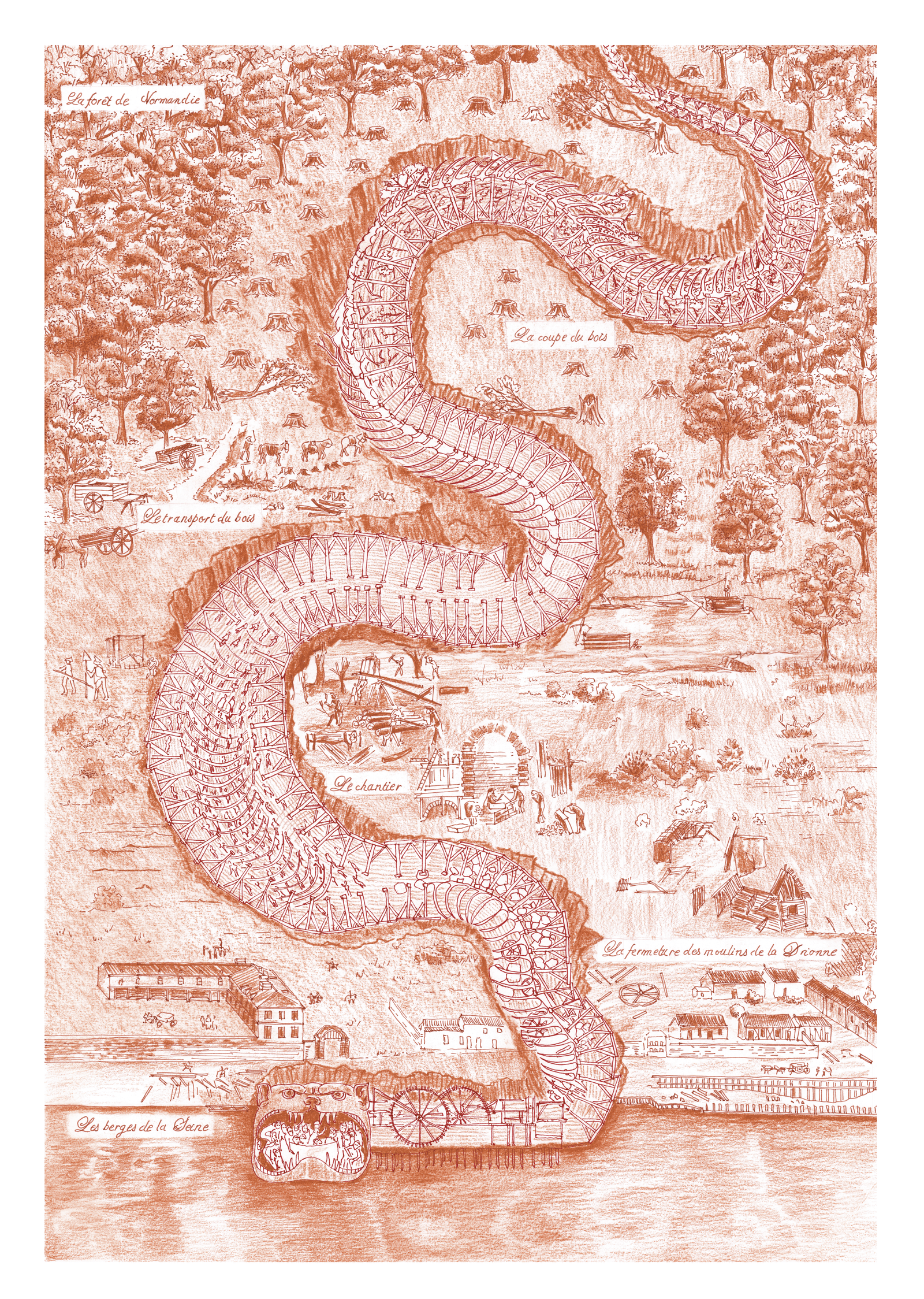 Dessin à la sanguine, l'appétit d'une machine monumentale